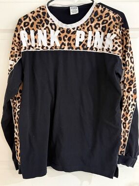 Victoria's Secret PINK Black and Leopard Panel Long Sleeve Top